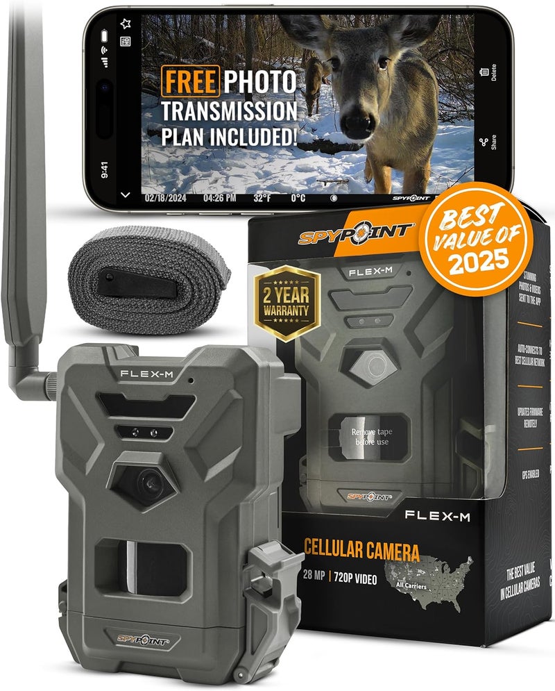 Spypoint Flex-M Cellular Trail Camera - Best Hunting Accessories, No WiFi Needed, Night Vision, Motion Activated, Dual-Sim LTE, IP65 Water-Resistant Game Camera, 28MP Photos, 720p Videos + Sound (1) - Image 1